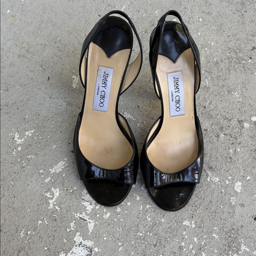 Jimmy Choo Black Patent Leather Slingback Heels with Gold Metallic Heel - Picture 2 of 9